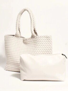 Beige Woven Tote Bag & Pouch Set